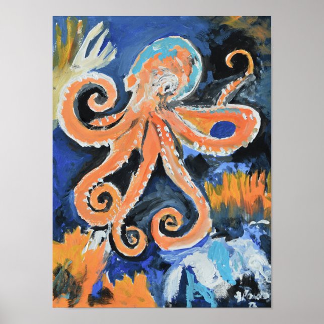 Livsglad Orange Bläckfisk Expressionist Poster (Framsidan)
