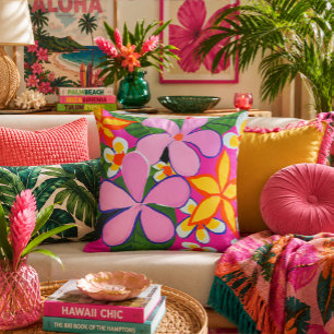 Livsglad Retro Plumeria Pop Art Rosa Gul Kudde