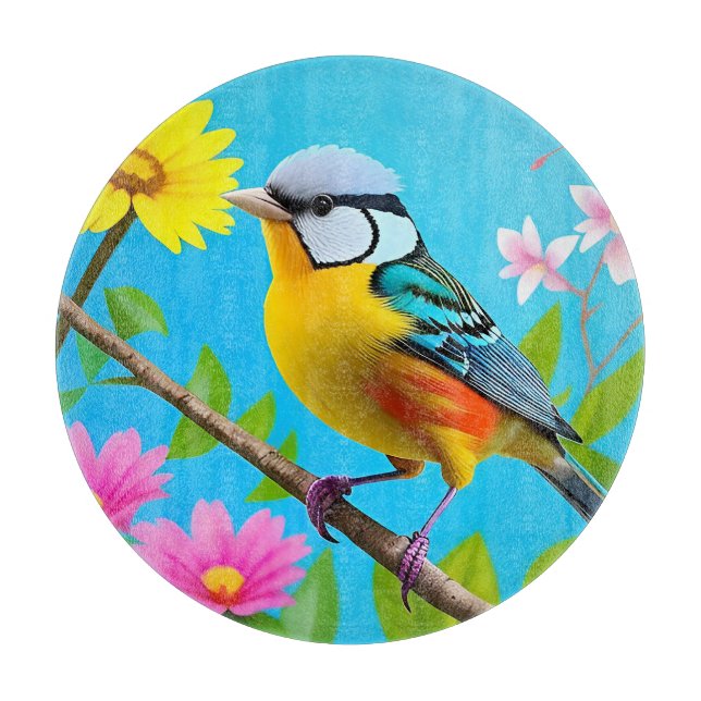 Livsglad sångfågel sittande på en blommande gren (Framsidan)
