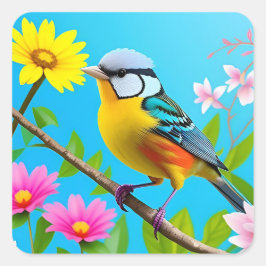 Livsglad sångfågel sittande på en blommande gren fyrkantigt klistermärke