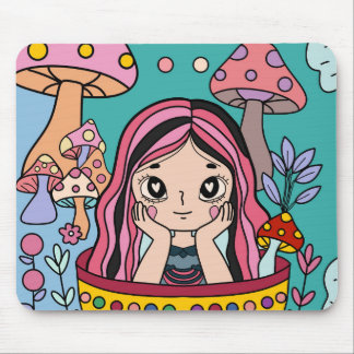 Livsglad svampskog & söta flickillustrationer musmatta