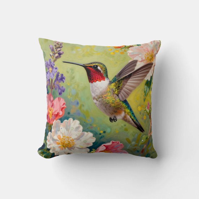 Livsglad Trädgård med Kolibri Kudde (Framsida)