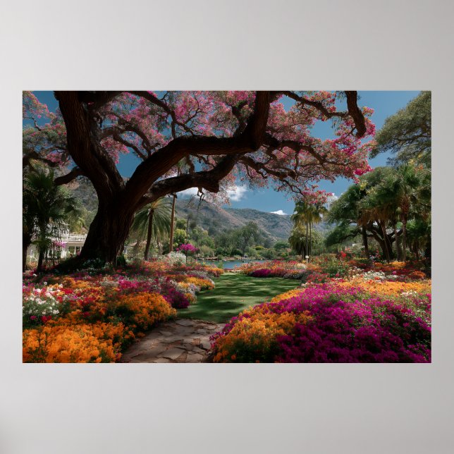 Livsglad Trädgårdsparadis med Blommande Träd Poster (Framsidan)