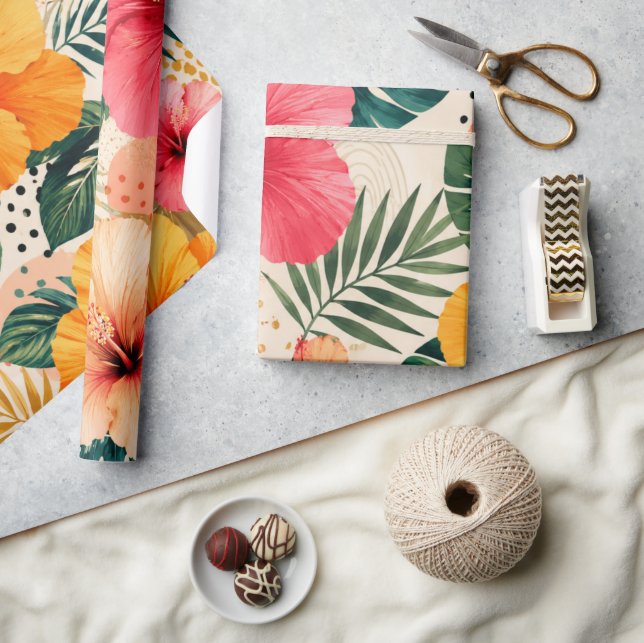 Livsglad Tropisk Hibiskus Blommig Sömlös Mönster Presentpapper (Hantverk)
