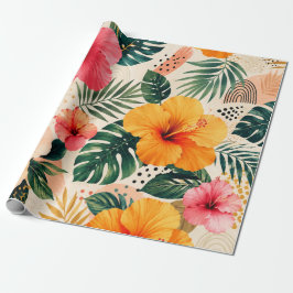 Livsglad Tropisk Hibiskus Blommig Sömlös Mönster Presentpapper
