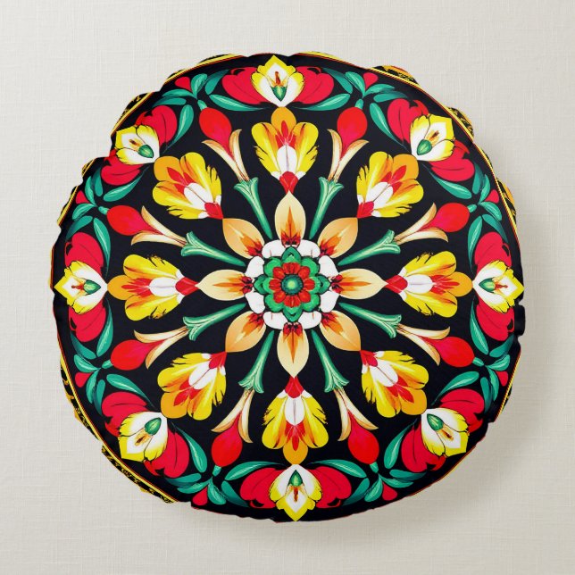 Livsglad utsmyckad mandala-design rund kudde (Framsidan)