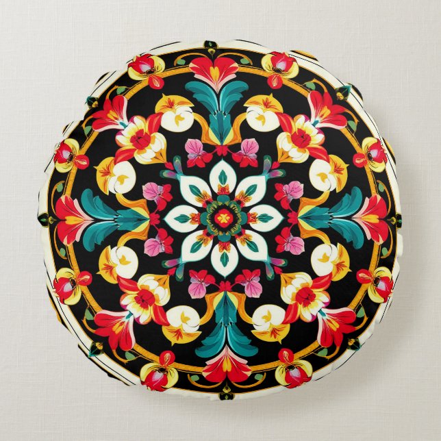 Livsglad utsmyckad mandala-design rund kudde (Framsidan)