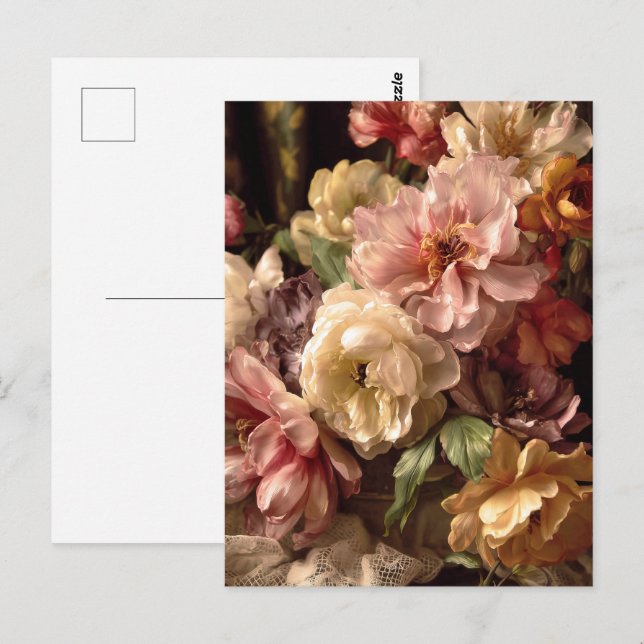 Livsglad vårpeony vintagearrangemang vykort (Fram/baksida)