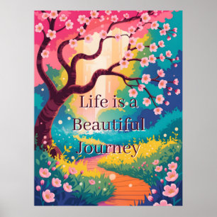 Livsglad vårstig under blommande körsbärsblommor poster