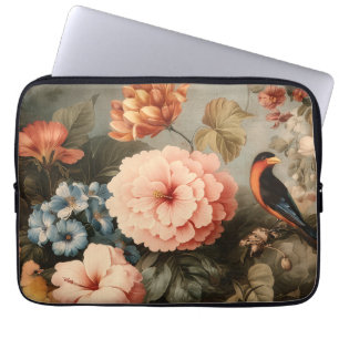 Livsglad Vintage Blommotiv med Fåglar Laptop Fodral