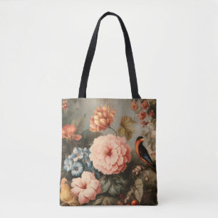 Livsglad Vintage Blommotiv och Fågelscen Tygkasse