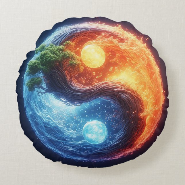 Livsglad Yin Yang-design Rund Kudde (Framsidan)