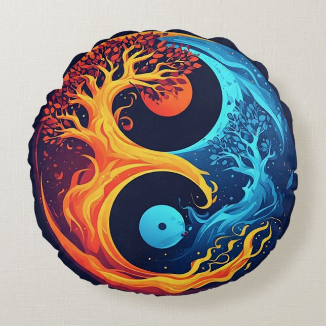 Livsglad Yin Yang-design Rund Kudde (Framsidan)