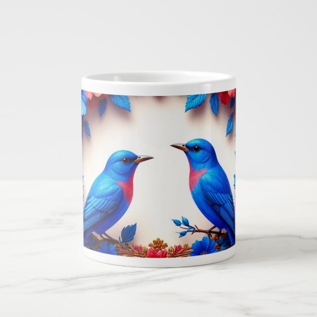 Livsglada Blåfåglar Vilande Bland Färgrika Blommor Jumbo Mugg (Framsidan)