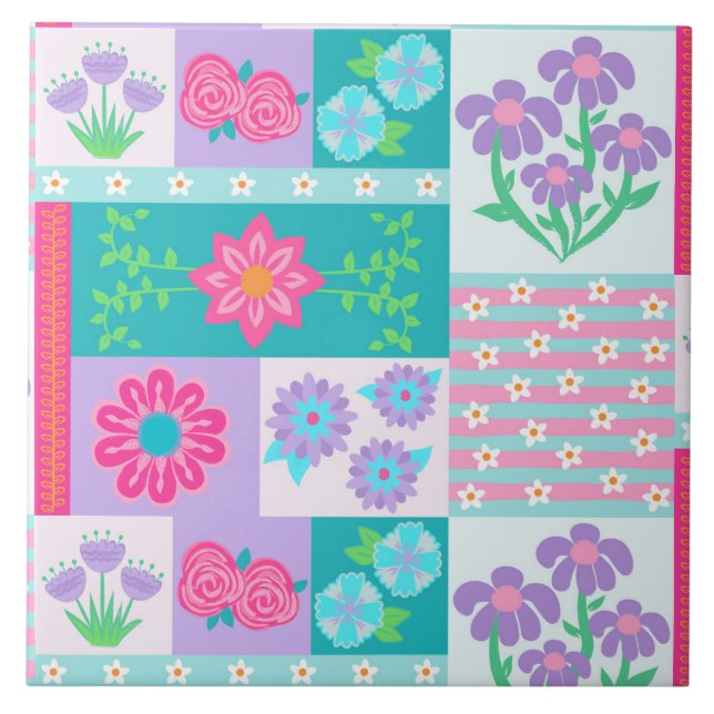 Livsglada Blommande Blommor Design Kakelplatta (Framsidan)