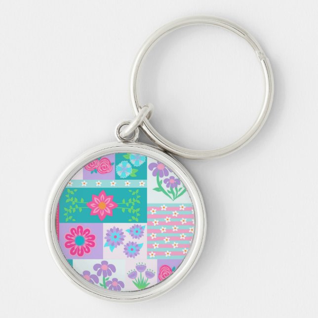 Livsglada blommande blommor design rund silverfärgad nyckelring (Framsidan)