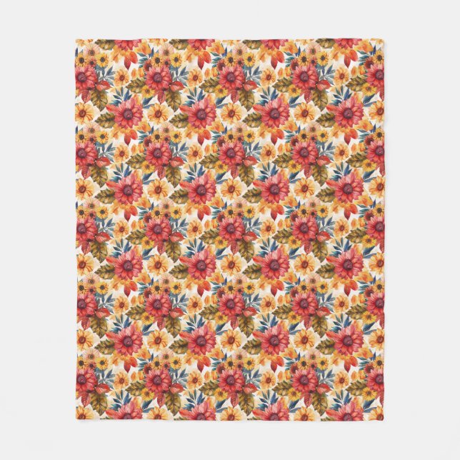 Livsglada blommor med solrosor och blad fleecefilt (Framsidan)