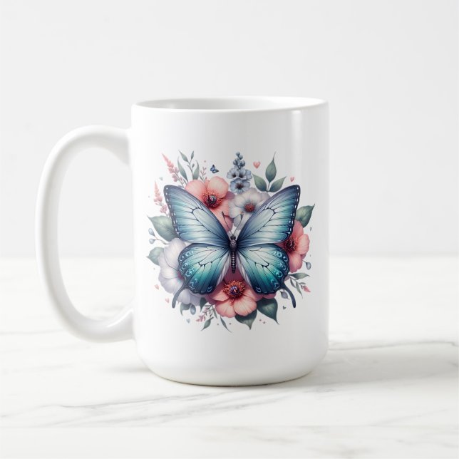 Livsglada fjäril blommig bukett Art-96283 Kaffemugg (Vänster)