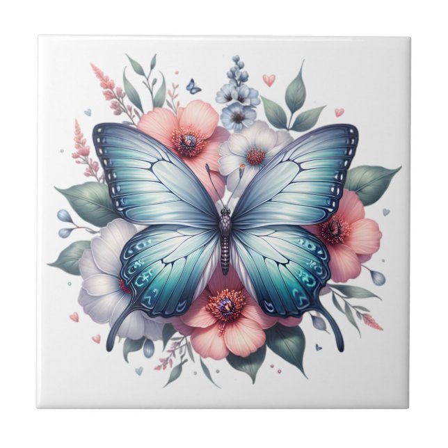 Livsglada fjäril blommig bukett Art-96283 Kakelplatta (Framsidan)