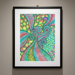 Livsglada Handritade Teal Rosa Virvlar Abstrakt Ko Poster