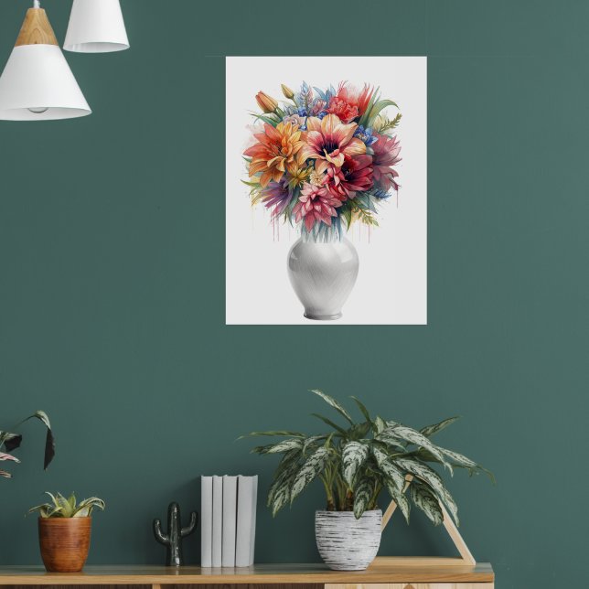 Livsglada liljebukett i vas konstverk i blandad me poster (Vardagsrum 1)