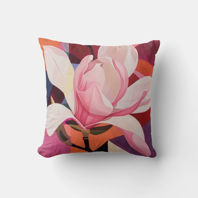 Livsglada Magnoliablommor i geometriskt ljus Kudde (Framsida)