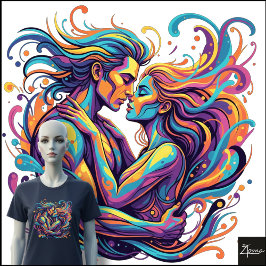 Livsglada Par Omfamnar Psykedelisk Flödande Konst T Shirt