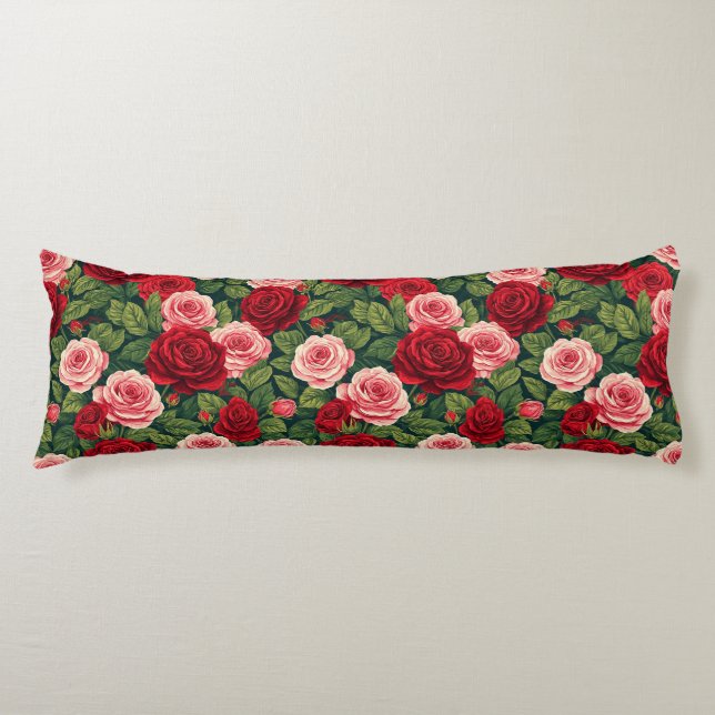 Livsglada ros mönster med röda och rosa rosor kroppskudde (Framsidan)