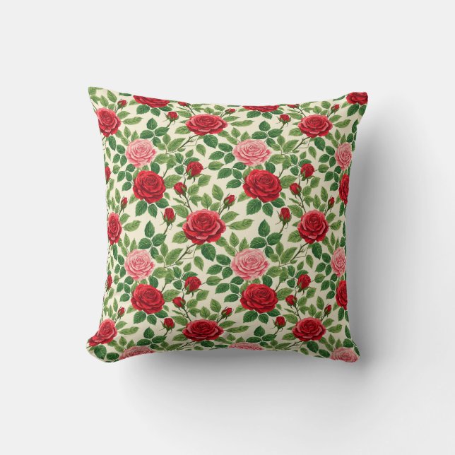 Livsglada ros mönster med röda och rosa rosor kudde (Framsida)