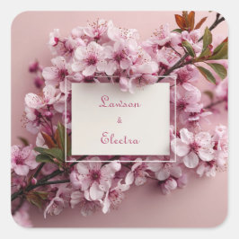 Livsglada Rosa Körsbärsblomning Vit Ram Bröllop Fyrkantigt Klistermärke