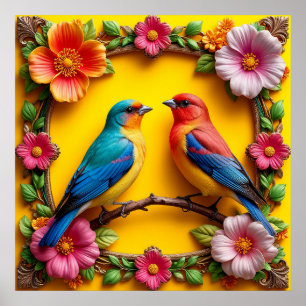 Livsglada sångfåglar omgivna av blomsterkant poster