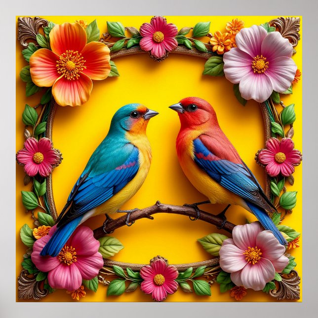 Livsglada sångfåglar omgivna av blomsterkant poster (Framsidan)