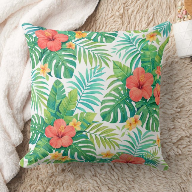 Livsglada Tropiska Hibiskus Palmblad Kudde (Filt)