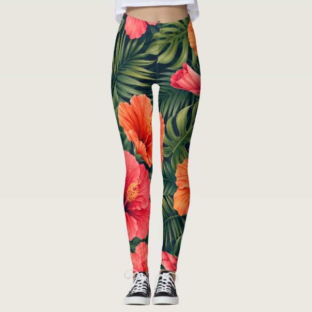 Livsglada tropiska hibiskusblommor leggings (Framsida)