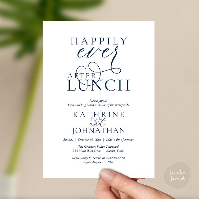 Livsglädje Efter Lunchen Efterbröllopsfirande Inbjudningar (Happily Ever After Lunch Post Wedding Elopement Invitation card, luncheon love laughter  navy blue)