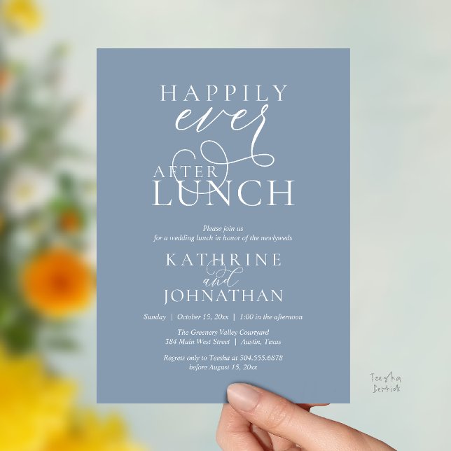 Livsglädje Efter Lunchen Post Bröllop Elopement Inbjudningar (Happily Ever After Lunch Post Wedding Elopement Invitation card, luncheon love laughter  dusty blue)