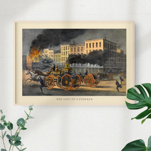 Livslängd för en Fireman Vintage 1860-litografi Poster