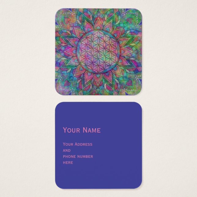 Livslängd - Indiska mandala 7c Fyrkantigt Visitkort (Framsida & baksida)