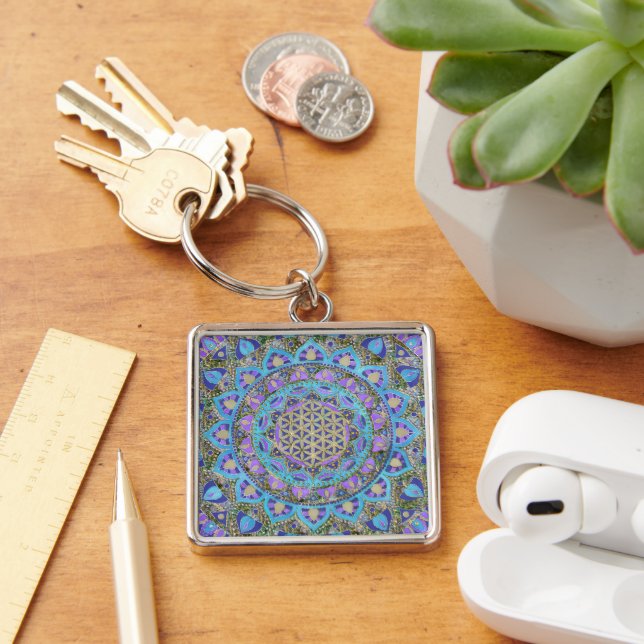 Livslängd - Mandala India Stil 2 Fyrkantig Silverfärgad Nyckelring (Skrivbord)