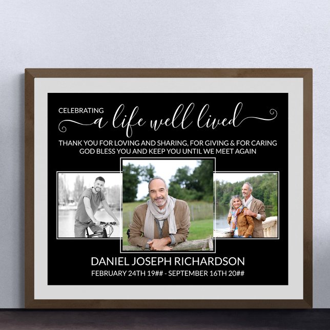 Livslångt levande minnesmärke 3 fotokollage poster (Funeral memorial poster to order professionally printed or as a printable digital download)