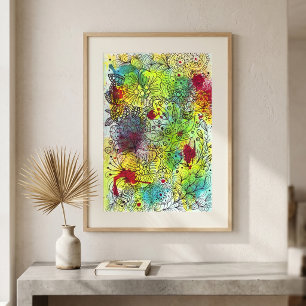 Livslevande akvarell Abstrakt blomsterdoodle Linje Poster