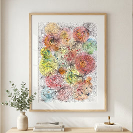 Livslevande akvarell Ombre Blommig Doodle Konst Poster