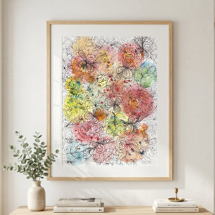 Livslevande akvarell Ombre Blommig Doodle Konst Poster