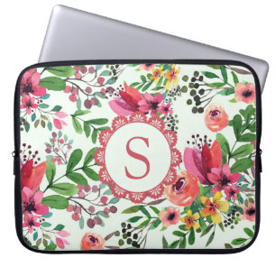 Livslevande akvarellblomma snyggt monogram laptop fodral