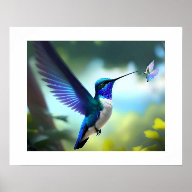 Livslevande blå och vit kolibri i flykt affisch (Framsidan)
