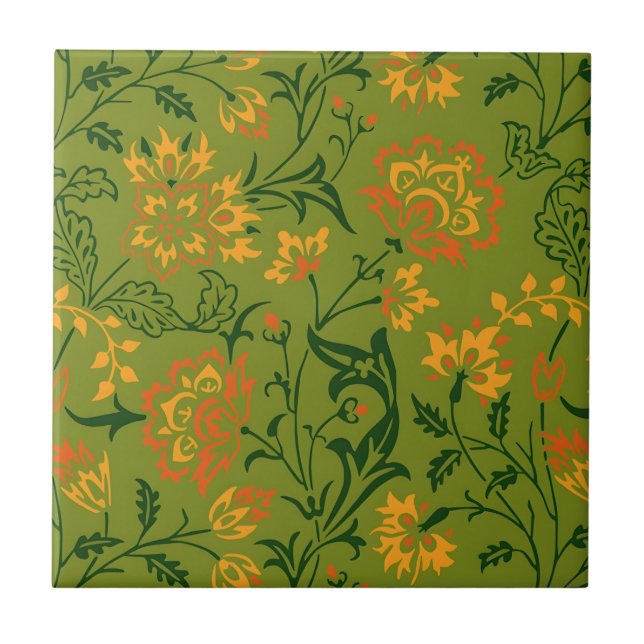 Livslevande blommönster: gula och orange blommor kakelplatta (Framsidan)