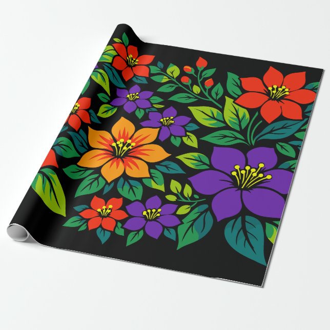 Livslevande blomsterdesign med färgrika blommor presentpapper (Utrullad)