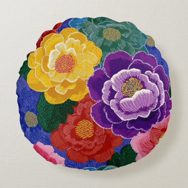Livslevande blomsterrund kudde dekoration (Framsidan)