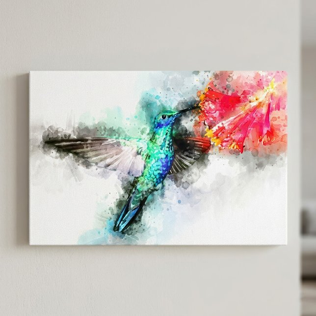 Livslevande Kolibri Vattenfärg Blommig Konsttryck Canvastryck (Vibrant Hummingbird Watercolor Floral Art Print. Canvas Print)