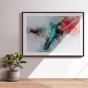 Livslevande Kolibri Vattenfärg Blommig Konsttryck Fototryck